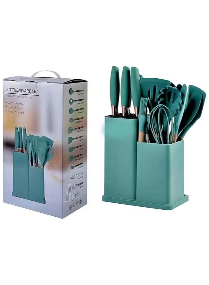 SUKILO طقم أدوات مطبخ من 19 قطعة بمقابض خشبية من السيليكون مع سكاكين، لوح تقطيع، ملاعق طهي، ملعقة تقليب، خفاقات، ملقط، والمزيد – أدوات مطبخ مقاومة للالتصاق وحرارة للطهي والخبز - Image 1